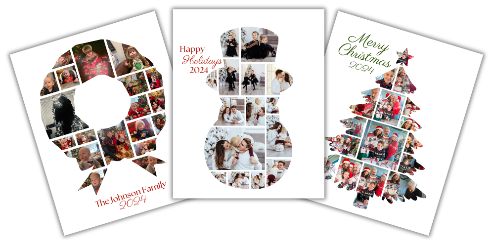 3 Christmas shaped photo collage templates fanned out filled with family holiday photos. The 3 shapes are a wreath, a snowman, and a Christmas tree.
