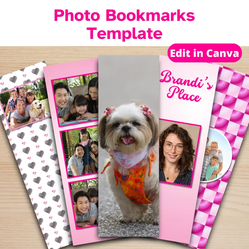 5 Customizable Photo Bookmarks with pink accents filled with various family photos, pet photos and personal photos.