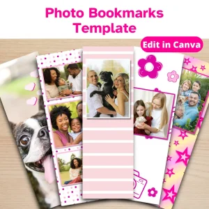 5 Customizable Photo Bookmarks with pink accents filled with various family photos, pet photos and personal photos. Edit in Canva