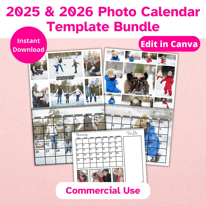 3 different layouts of a photo calendar overlapping against a pink wall. The photos are of families playing in the snow and the month is set to January 2025. Photo Calendar Template Bundle, commercial use