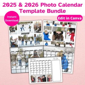 3 different layouts of a photo calendar overlapping against a pink wall. The photos are of families playing in the snow and the month is set to January 2025. Photo Calendar Template Bundle
