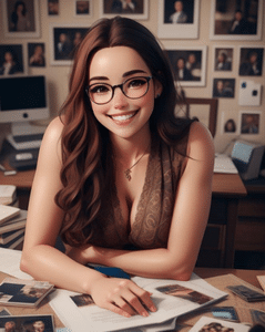 A cartoon version of Brandi at her desk surrounded by photos