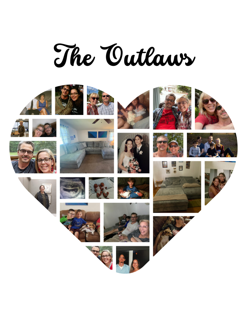 A photo collage in the shape of a heart with 23 family photos and the name The Outlaws written at the top.