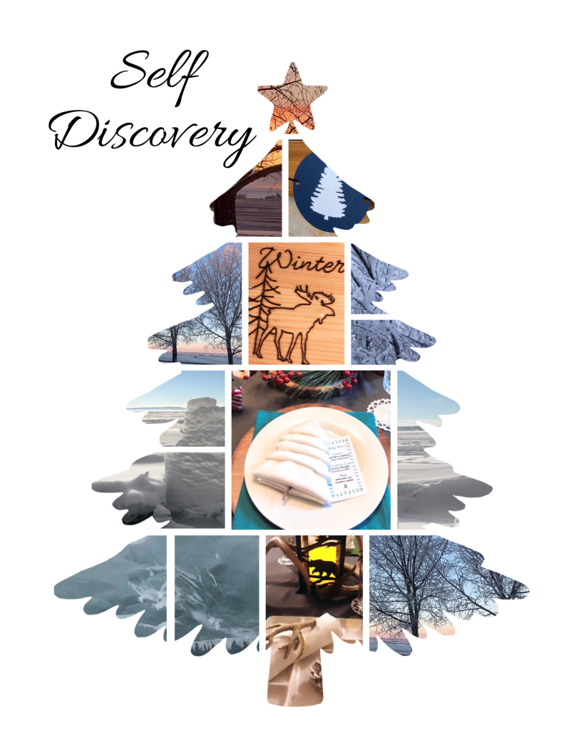a photo collage in the shape of a Christmas tree with photos of rural Canada and a Christmas cookie photo in the center