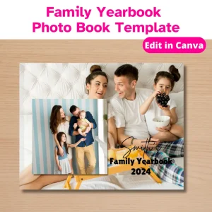Family Yearbook Photo Book Template. The cover of a family photo book featuring a full page photo of a couple and their children with another family photo layered over top.