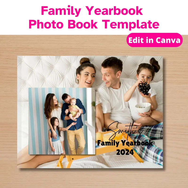 Family Yearbook Photo Book Template. The cover of a family photo book featuring a full page photo of a couple and their children with another family photo layered over top.