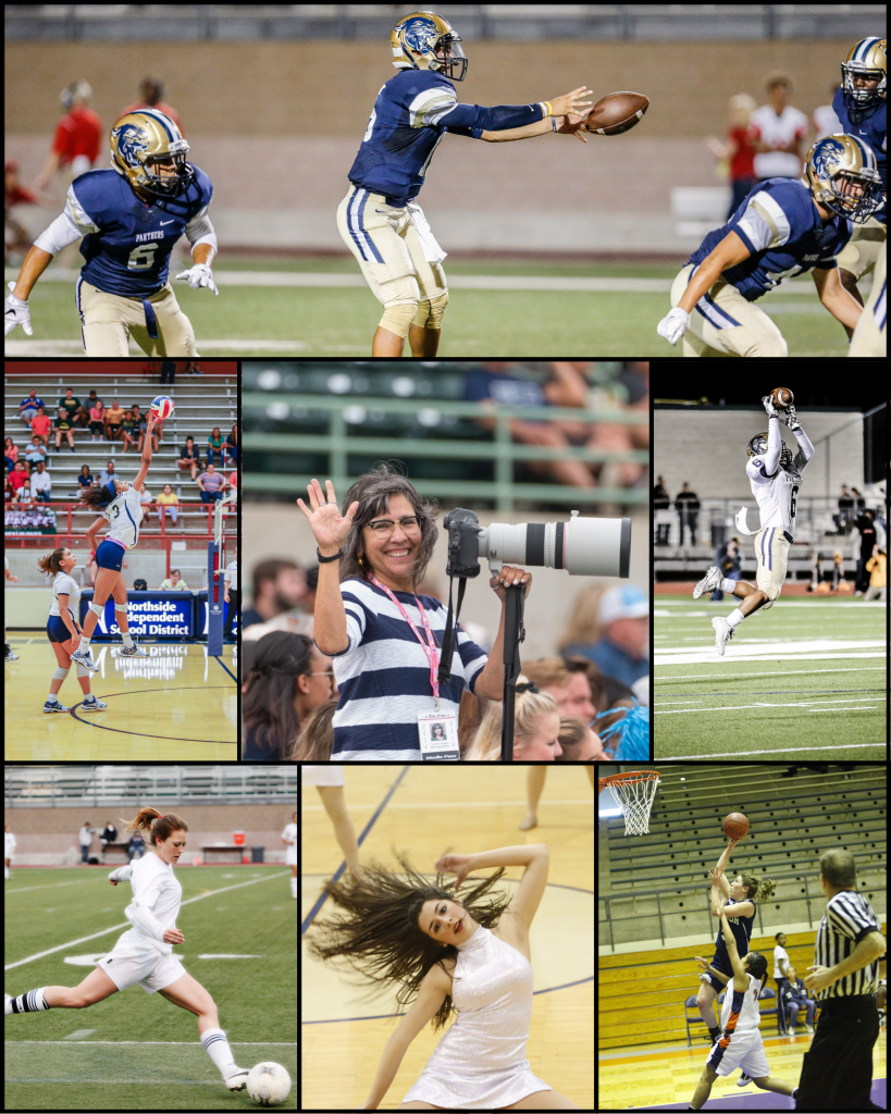 Yvonne Robles, sports photographer, in a collage of sports photos. This collage features a variety of her work including Football, Soccer, cheerleading, and basketball photos 