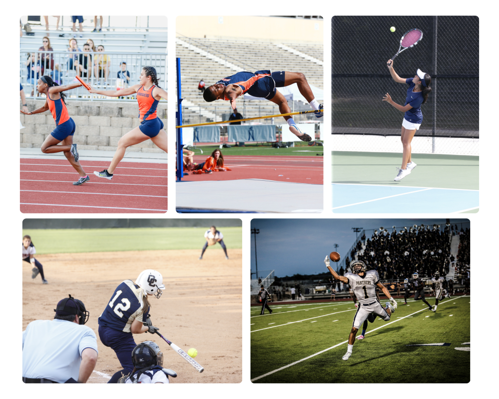 6 action shots representing track and field, tennis, baseball, and football.