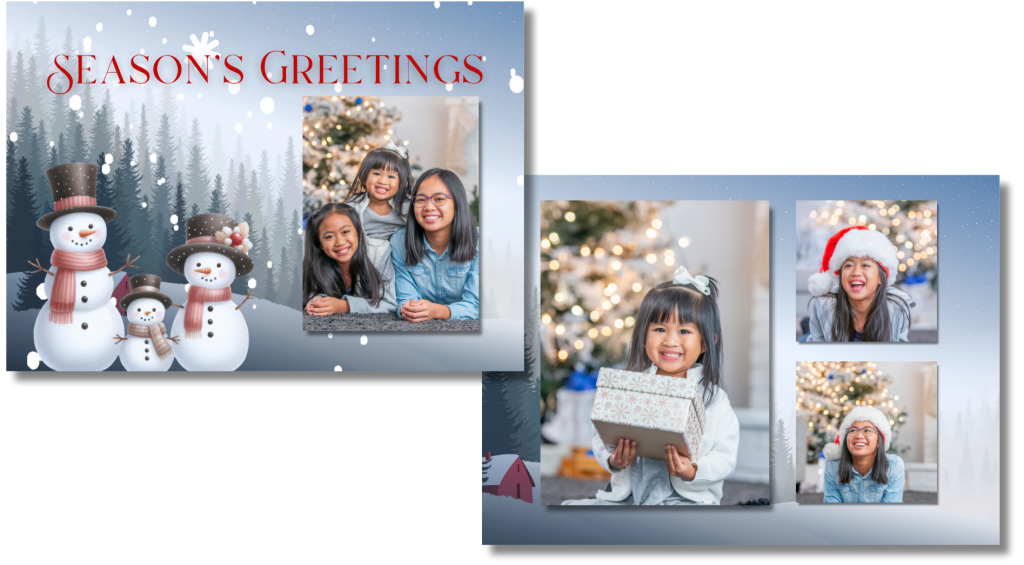 A double sided photo card with 4 holiday photos of happy sisters. The card has a snowman family in a wintery scene and says Season's Greetings