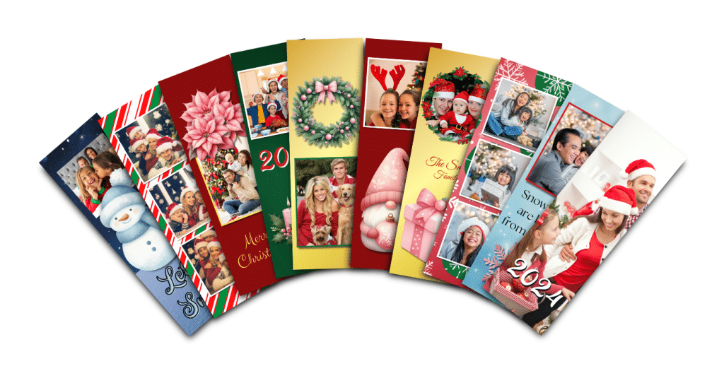 10 Christmas Bookmarks with holiday photos fanned out, each with different Christmas themed decorations and colors