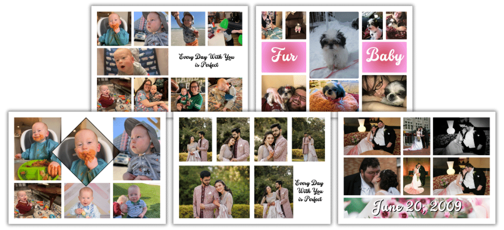 5 photo collages in size 7 x 5 inch. 2 are baby photo collages, one is a pet photo collage, and 2 are wedding photo collages