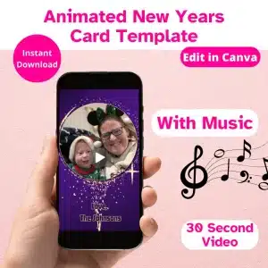 A Happy New Year Animated Card Template Slide with a deep purple gradient background and golden fireworks, a family photo, and a Holiday message