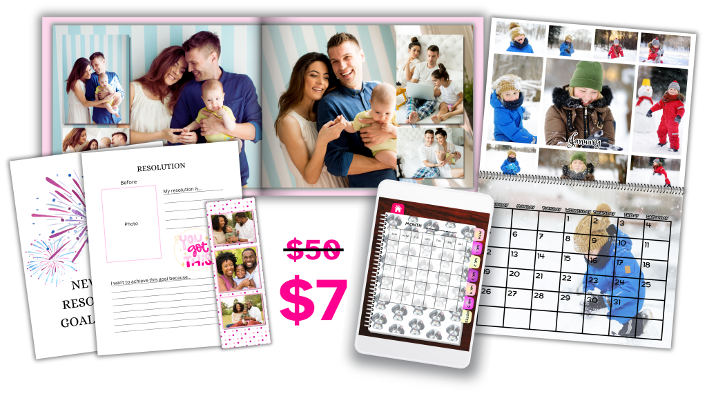 a family photo book, a resolution planner, a calendar, a tablet with an monthly planner on it and a photo book mark all with the price of $7