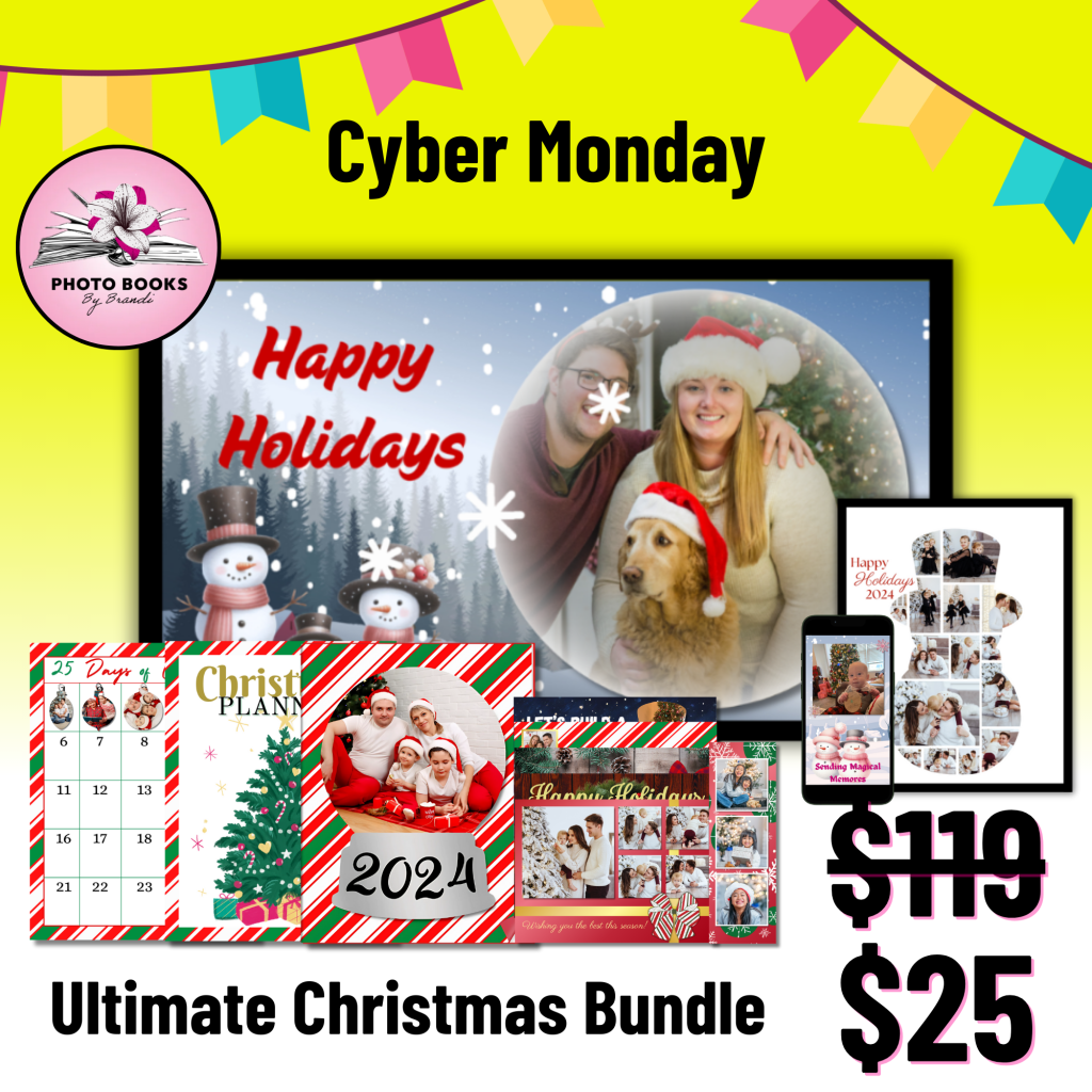 Cyber Monday Sale - Ultimate Christmas Bundle - $39. A Christmas Photo slideshow displayed on a tv, a framed photo collage in the shape of a snowman with family photos in it, an animated Christmas card displayed on a phone, an advent calendar, a Christmas Planner, a Christmas Photo Book, Christmas cards, and a Christmas bookmark.