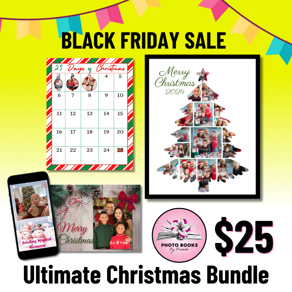 Cyber Monday Sale - Ultimate Christmas Bundle - $39. A Christmas Photo Collage displayed on a tv, a framed photo collage in the shape of a snowman with family photos in it, an animated Christmas card displayed on a phone, an advent calendar, a Christmas Planner, a Christmas Photo Book, Christmas cards, and a Christmas bookmark.