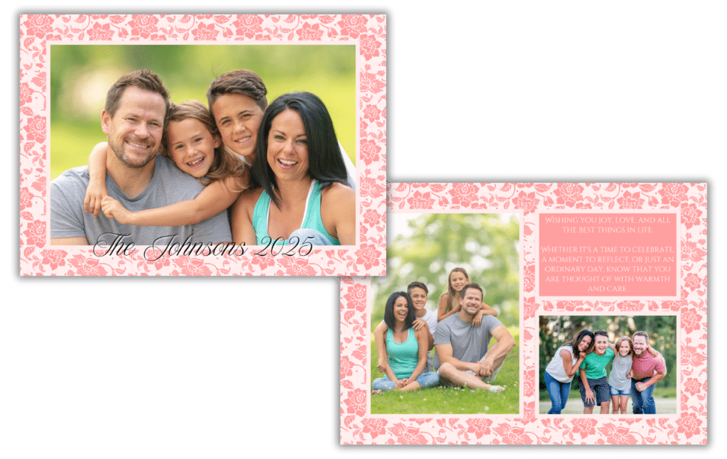 A double sided editable greeting card with 3 Family photos and a peach floral background and a versatile greeting, which can be customized for any occasion.