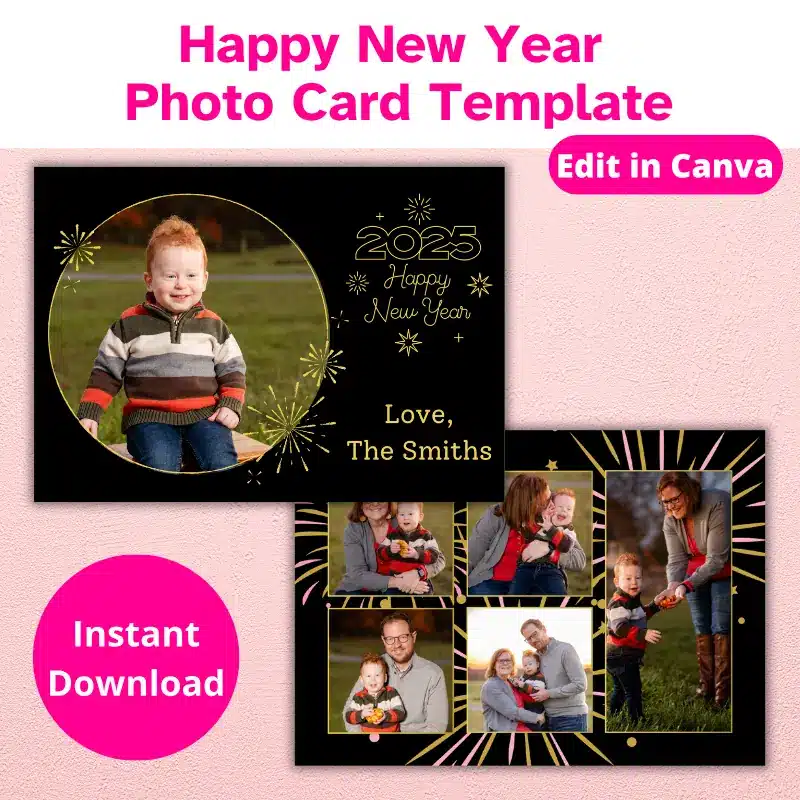 Double sided Happy New Year Photo card featuring golden fireworks and 6 family photos