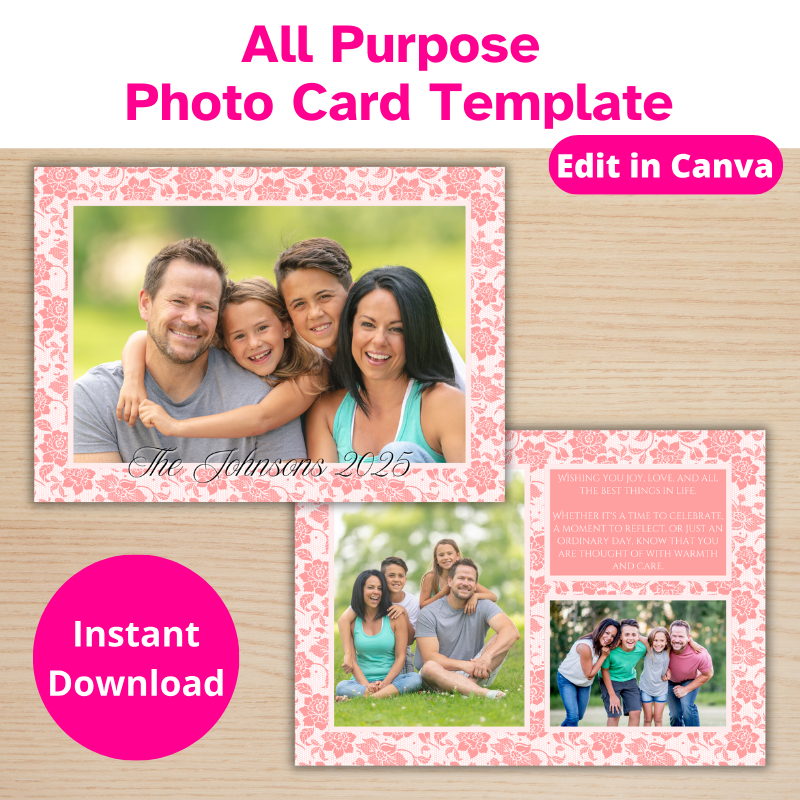 A double sided editable greeting card with 3 Family photos and a peach floral background and a versatile greeting, which can be customized for any occasion.