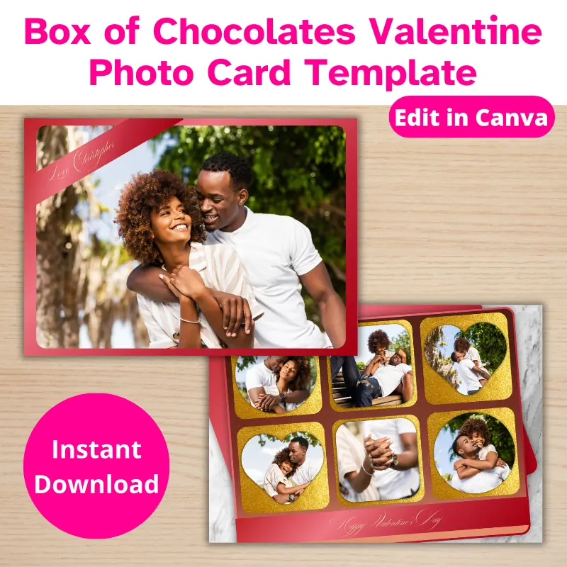 a double sided photo card resembling a box of chocolates with photos in cute shapes inside a red box and the front looks like the top of the box with a large photo of the couple on it. Edit in Canva, Instant download.