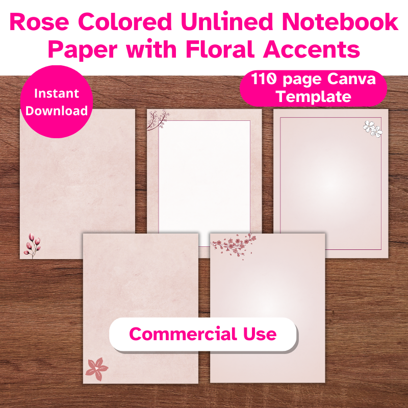 5 pages of unlined rose colored us letter sized digital paper with floral accents