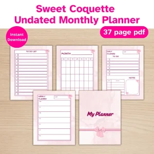 5 Pink coquette printable planner pages with pink box accents. The pages displayed include Daily, weekly, monthly and to do list, along with a pretty pink cover.