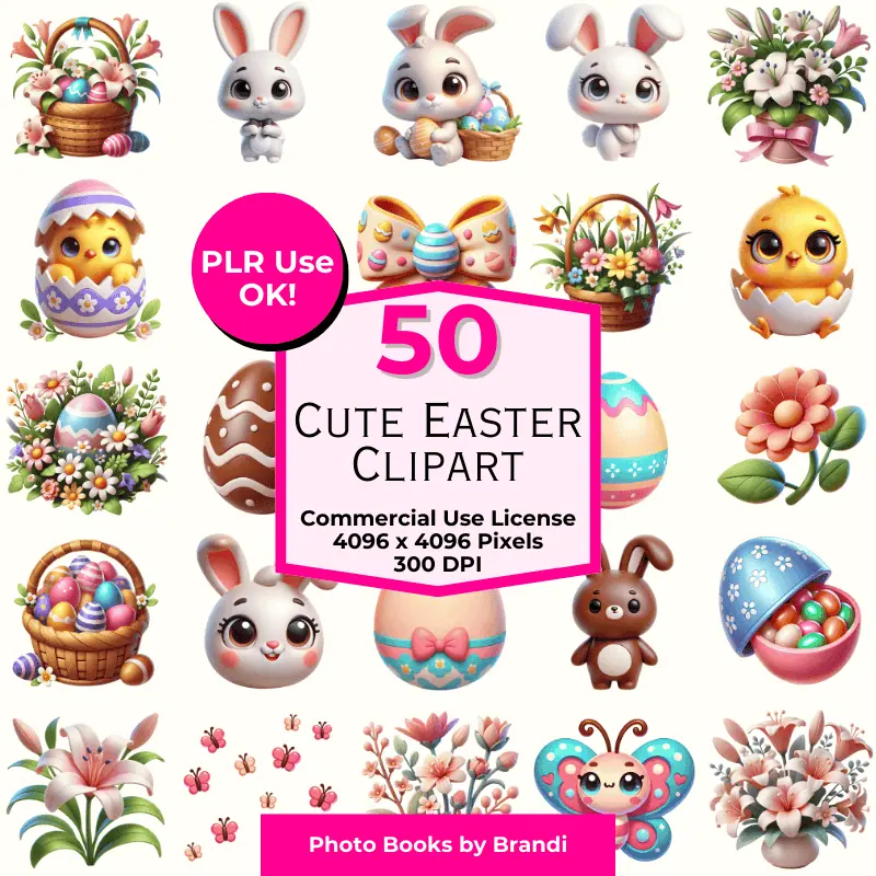 50 Cute Easter Clipart with MRR. 300 DPI. A variety of adorable 3D cartoon style graphics including, Bunnies, butterflies, flowers, chicks, and Easter eggs
