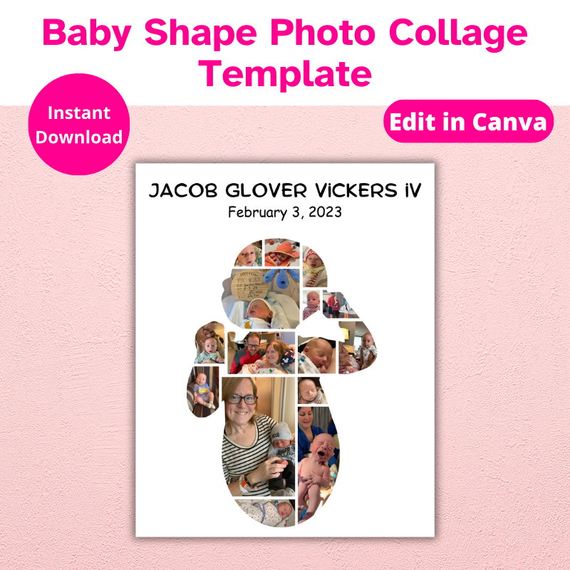 a baby shape photo collage with photos of a newborn and his loving family.