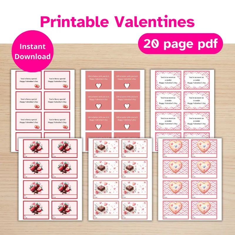 3 double sided, mini printable valentines featuring dessert themes.