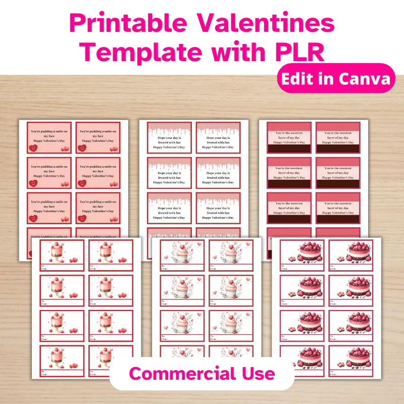 3 double sided, mini printable valentines with PLR featuring dessert themes. Comes with a commercial use license.