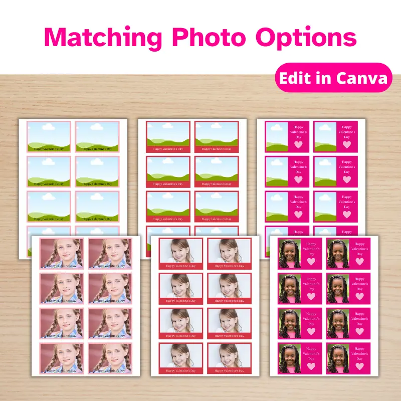 3 Matching Photo templates for girl's valentines layered under completed designs created from the template. Comes with a commercial use lisence.