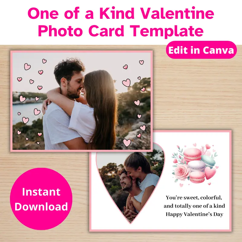 a double sided photo card with a happy couple surrounded by pink hearts on one side and a heart shaped photo of the couple on the back next to cute macarons and hearts and a cute Valentine's Day message. Edit in Canva, instant Download