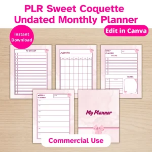 5 Pink coquette plr planner template with pink box accents. The pages displayed include Daily, weekly, monthly and to do list, along with a pretty pink cover. edit in canva.