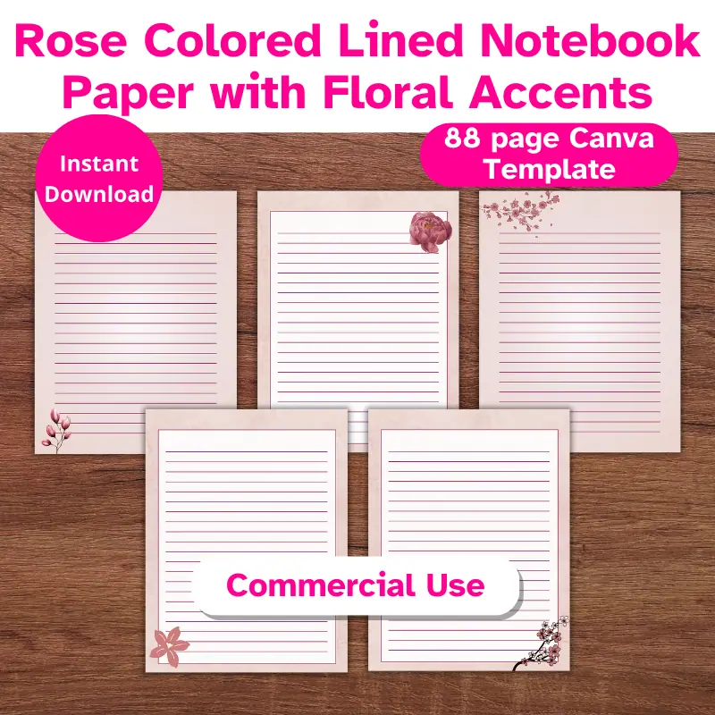 5 pages of lined rose colored us letter sized digital paper with floral accents
