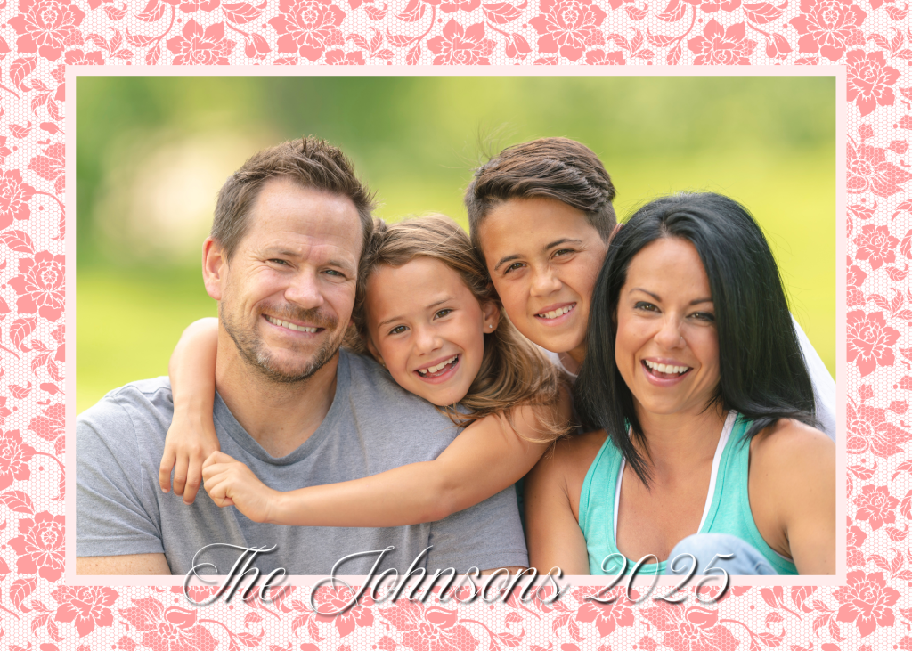 a photo greeting card with a peach floral pattern behind a family photo in the spring