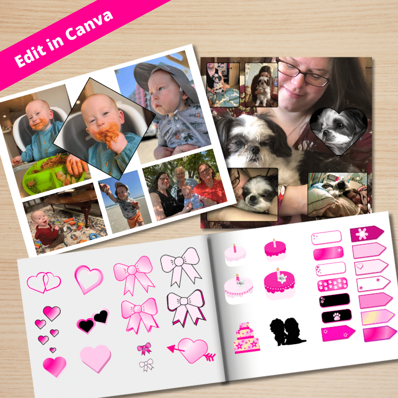 a book of pink stickers with printed photo collages layered on top with a variety of family photos.

Edit in Canva