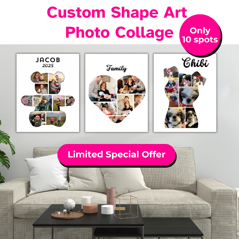 3 custom designed photo collages hanging on a wall above a cozy couch. One in the Shape of a teddy bear, one in the shape of a heart, and one in the shape of a dog. Limited Special Offer, Only 10 Spots